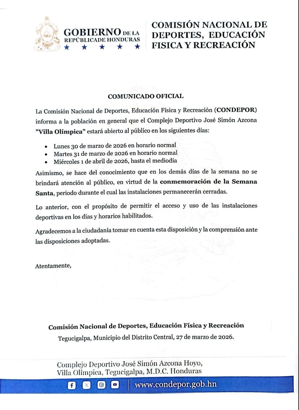 Horario Villa Olímpica Semana Santa