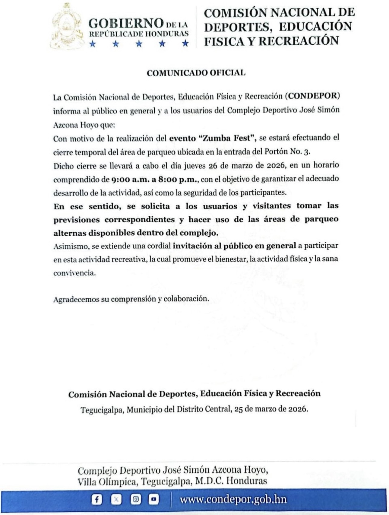 Cierre temporal Parqueo portón #3