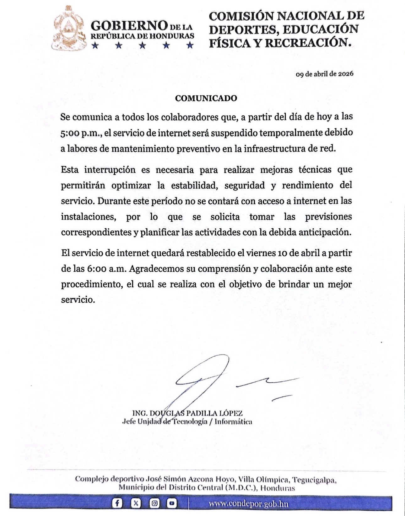 Suspensión temporal servicio de internet Villa Olímpica
